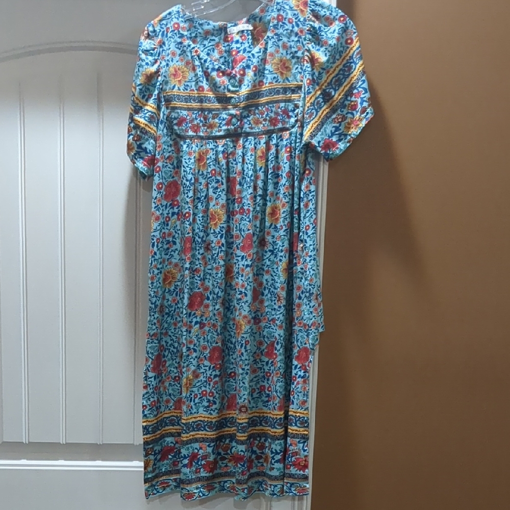 Floral Blue Assemetrcal Tunic Shirt Sz Large